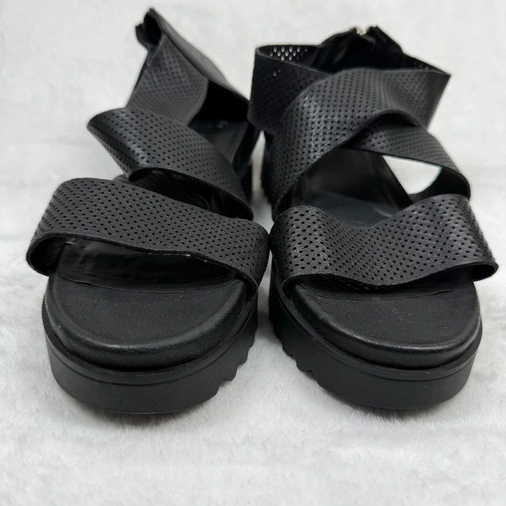 Steven by Steve Madden Kari Black Leather Perforated Platform Sandals Womens 11M